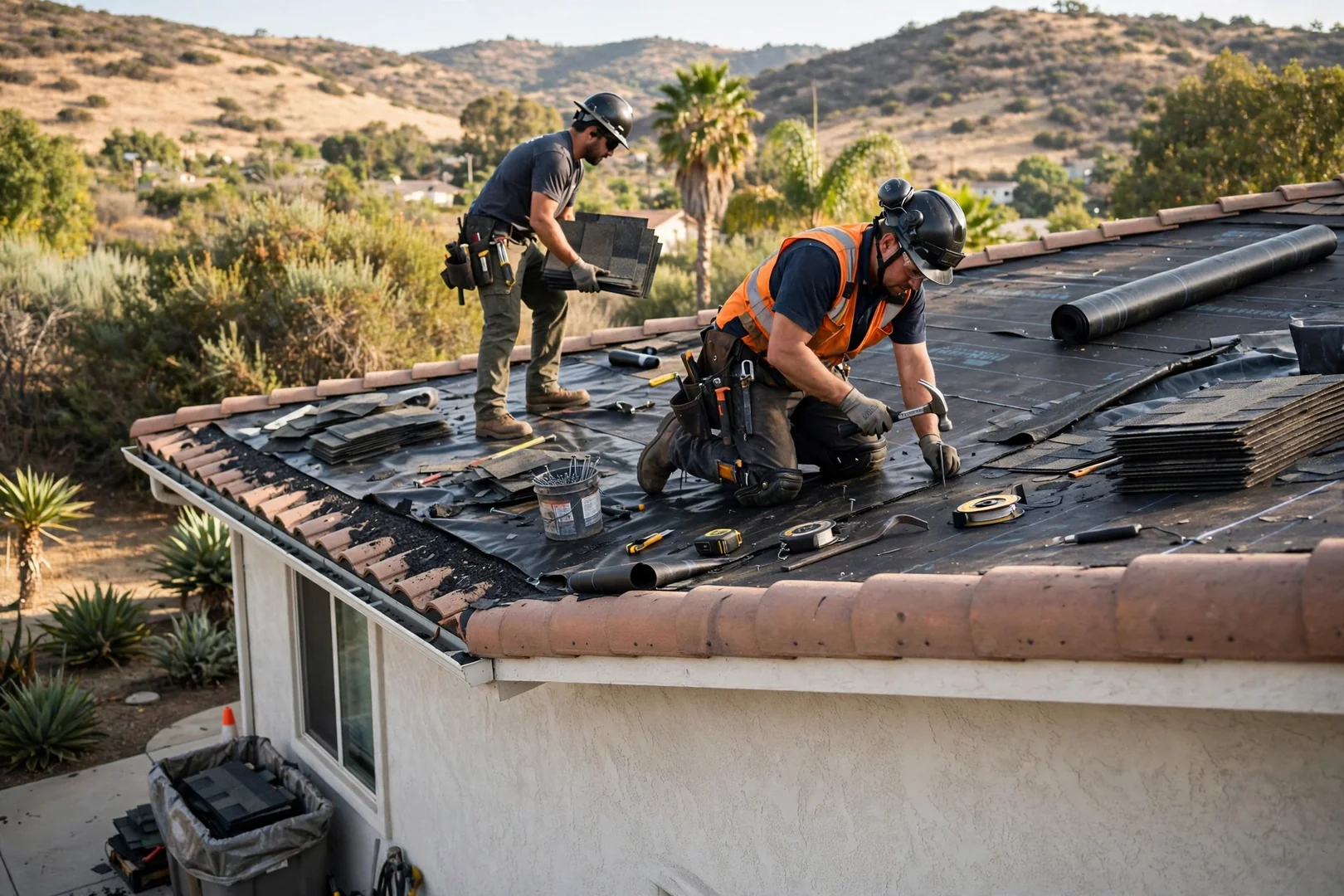 Roofer measuring a low-slope commercial roof membrane