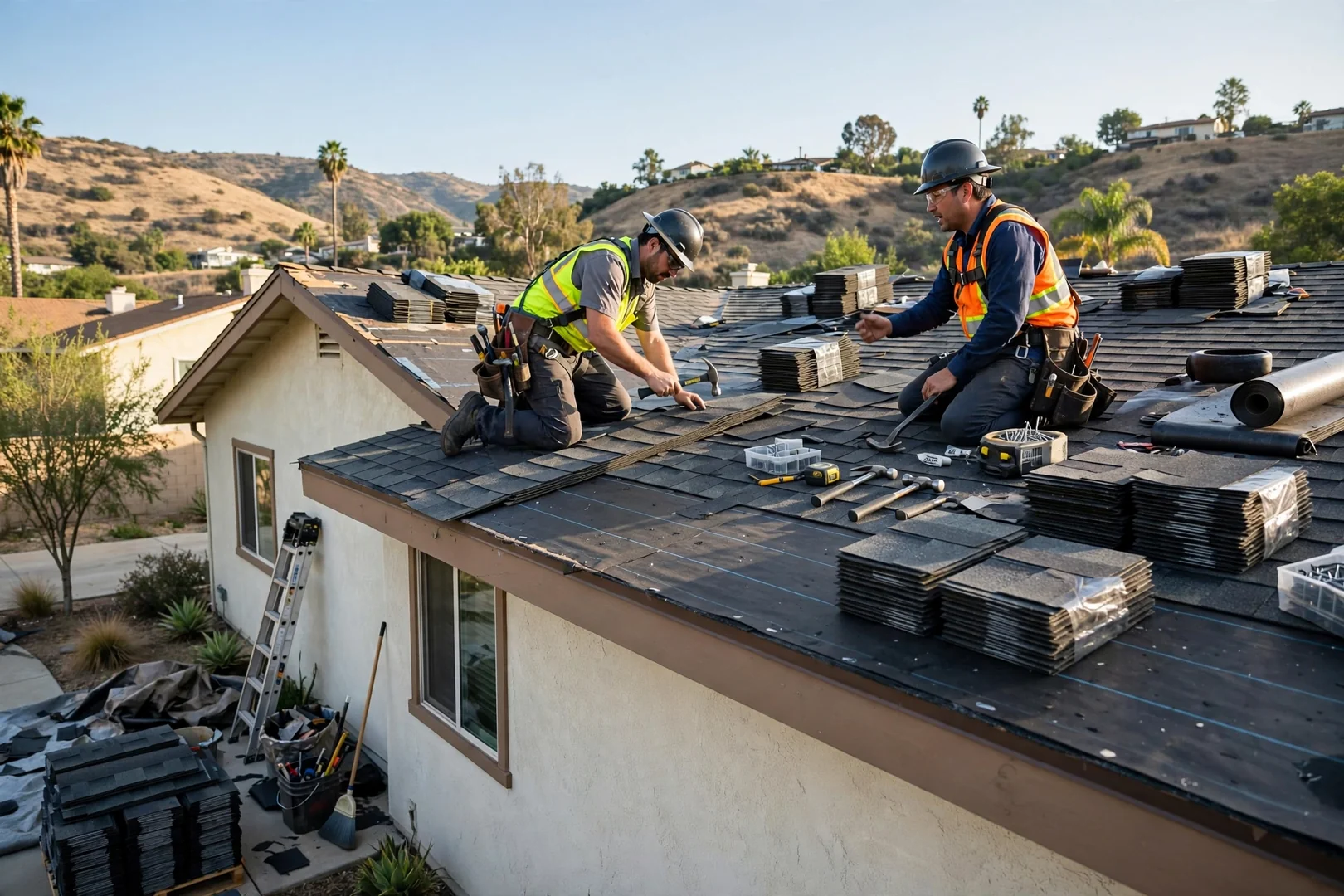 Roofing estimator reviewing commercial flat roof plans with a property owner in Murrieta