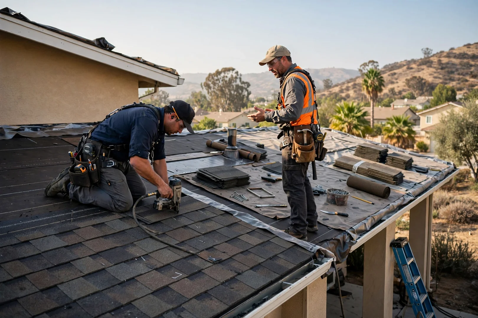 Roofing crew welding single-ply membrane seams on a flat commercial roof in Murrieta