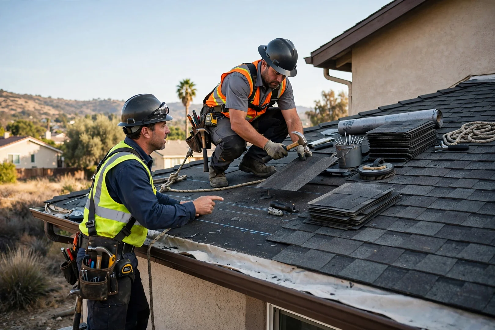 Crew installing single-ply membrane on a Murrieta commercial roof