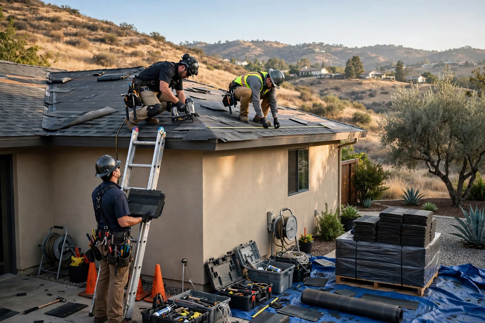 Roofing crew installing continuous gutters and downspouts on a Murrieta home