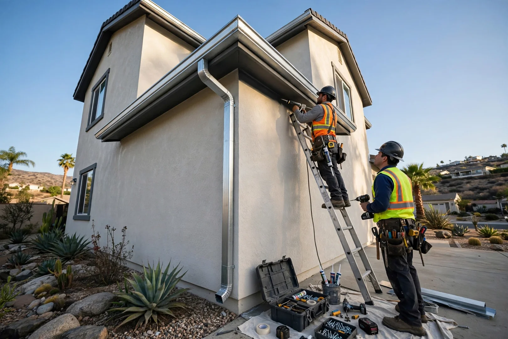 Two-Story Gutter Replacement With Oversized Downspouts