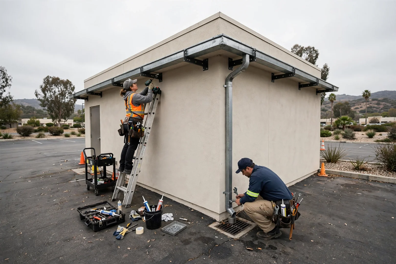 Commercial Building Gutter System and Drainage Tie-In