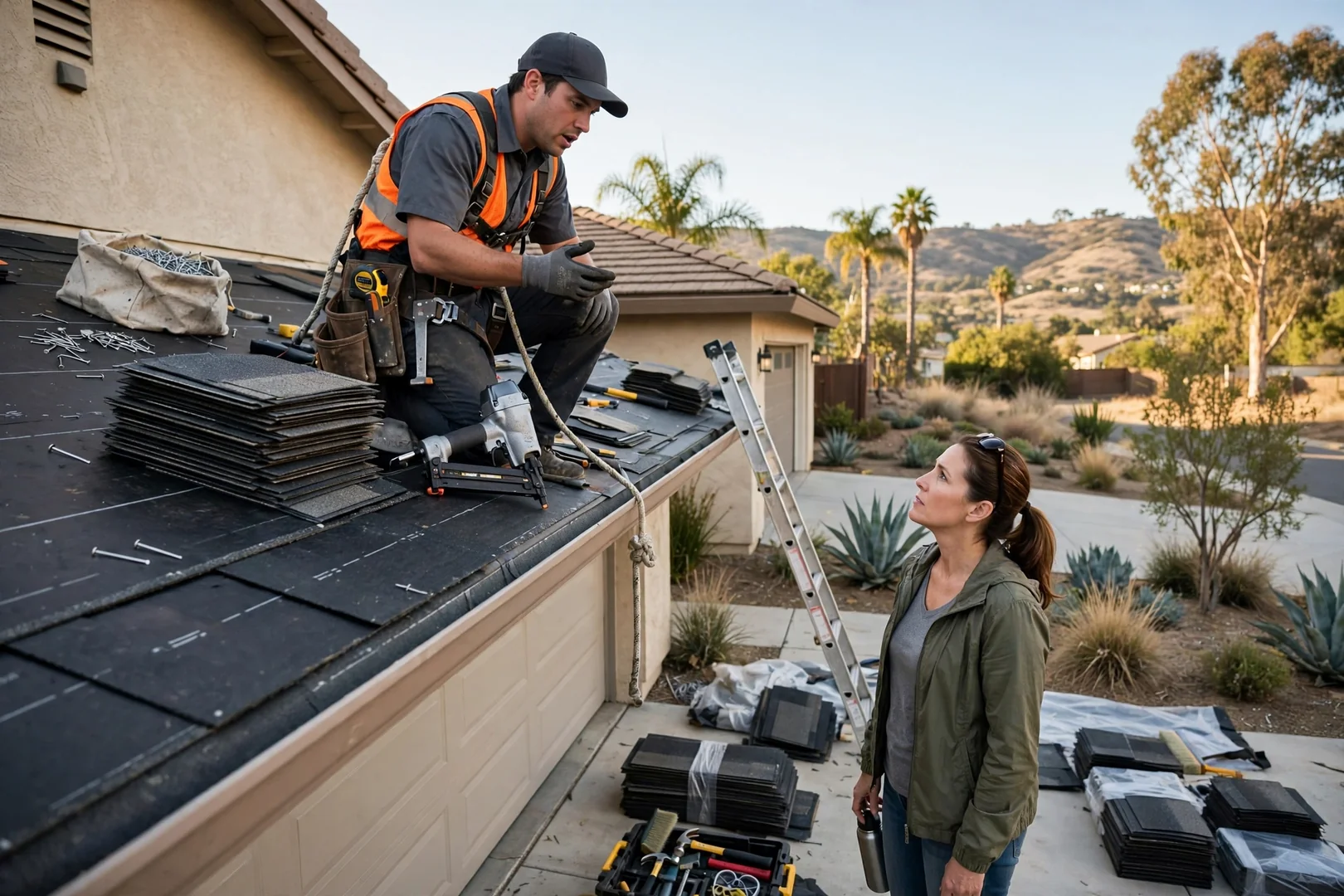 Roofing technician securing hidden gutter hangers to fascia board