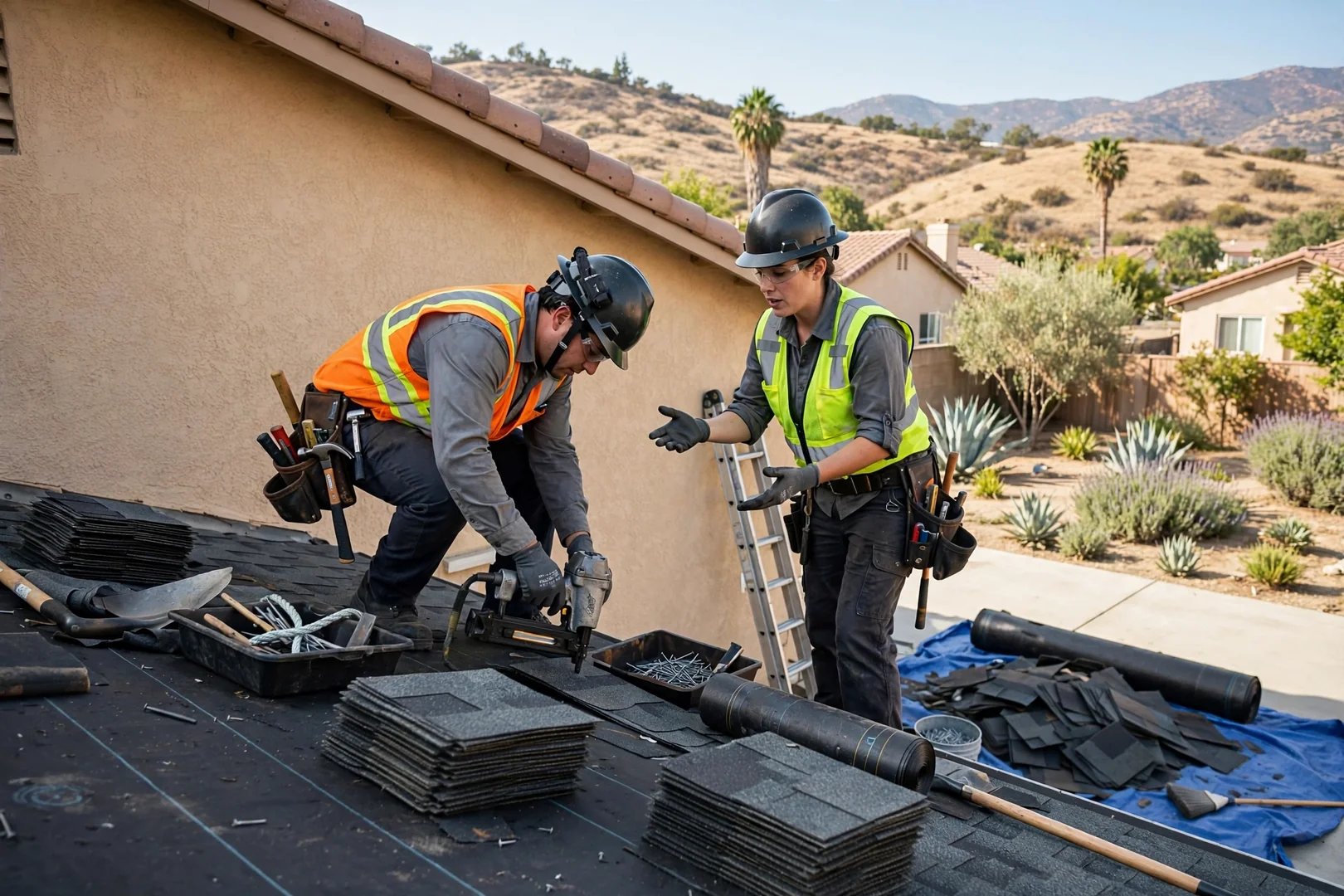 Metal roof panels staged on a Murrieta home roof