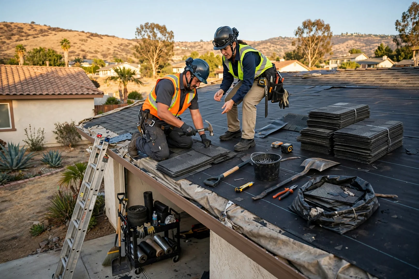 Roofer measuring standing seam metal panels on a Murrieta home roof