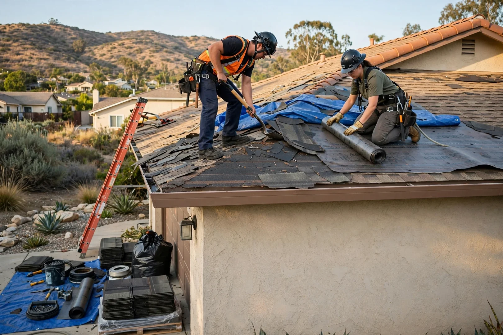 Roofing crew setting standing seam metal panels on a Murrieta home roof