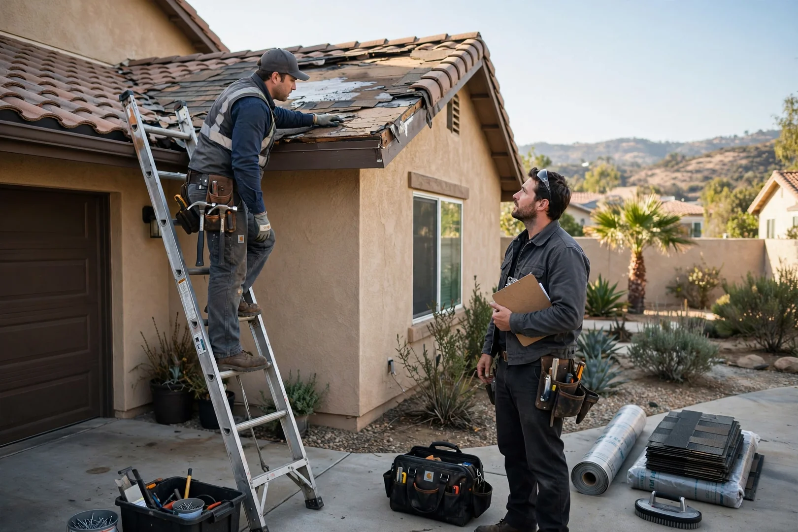 Worn asphalt shingles with granule loss on a Murrieta rooftop