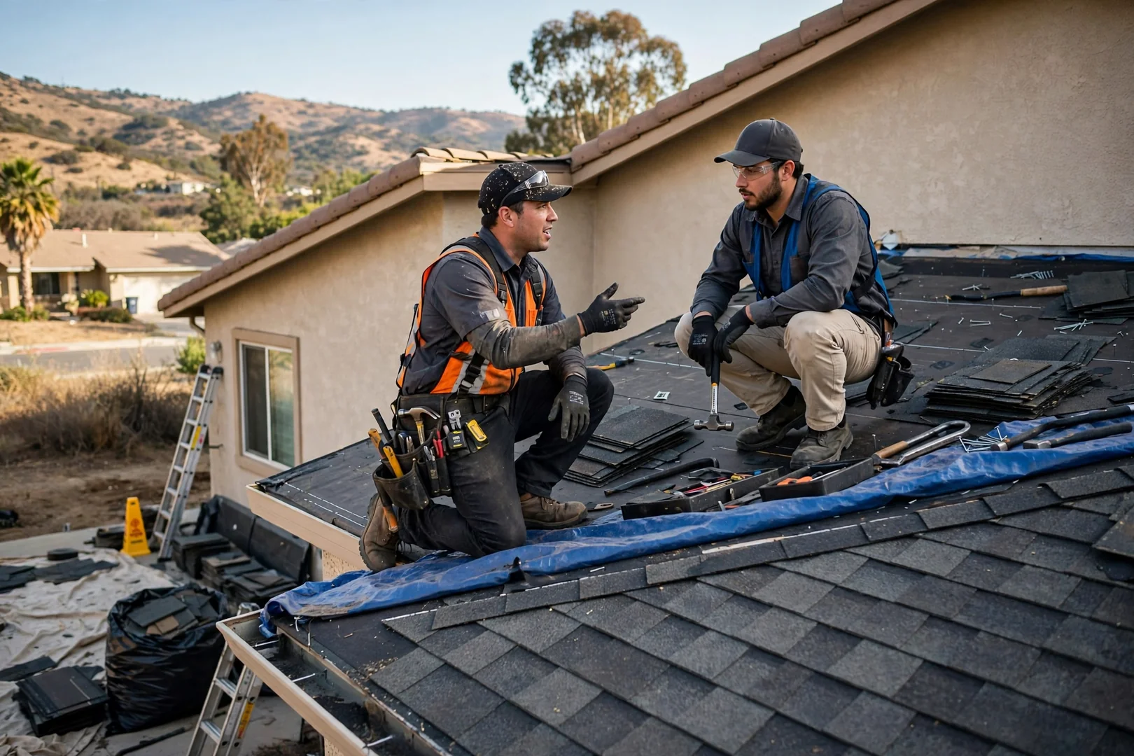 Roofers fastening standing seam metal panels on a Murrieta home
