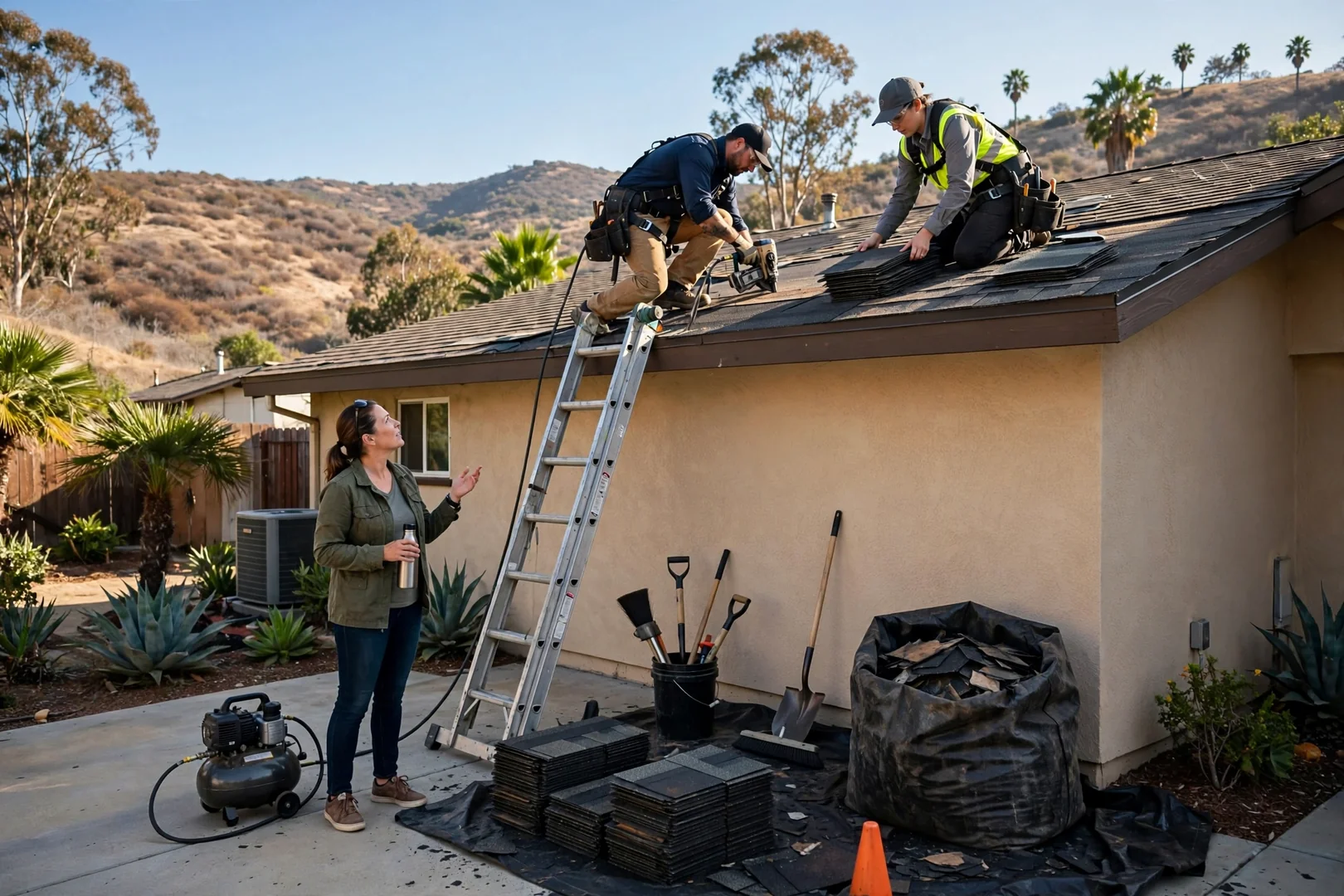 Roofer reviewing inspection report with a homeowner