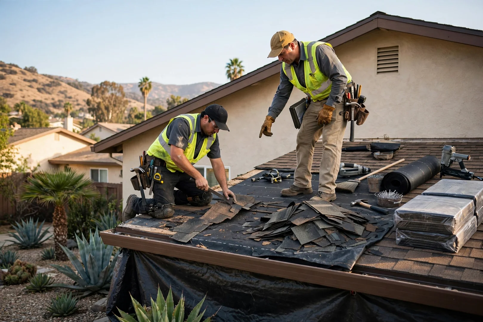 Roofing inspector reviewing written estimate with homeowner outside a Murrieta home