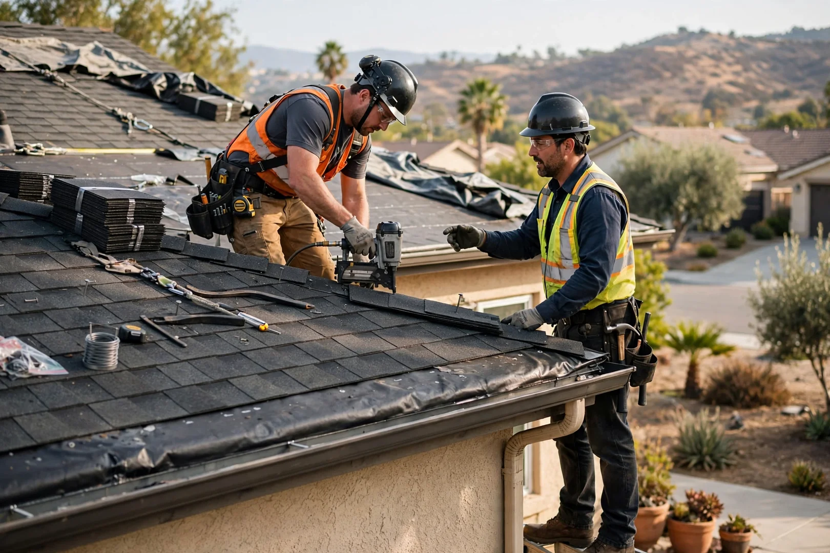 Roofing technician checking flashing and valley details during a Murrieta roof inspection
