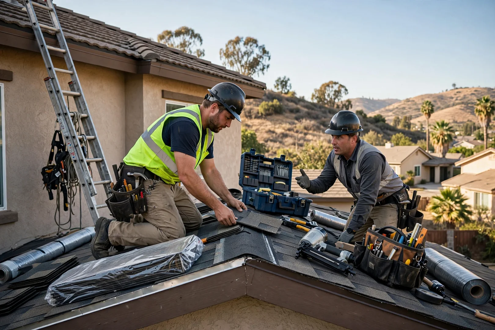 Technician inspecting tile roof flashing on a Murrieta home