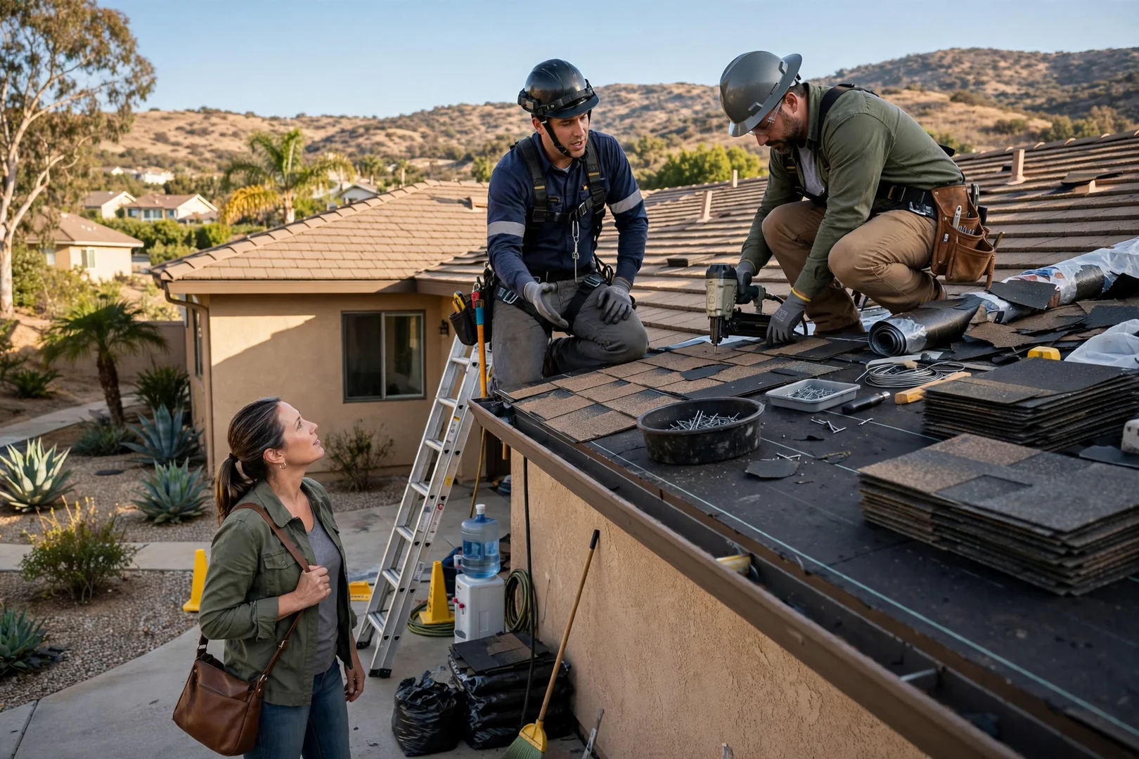 Roofer preparing tile repair materials on a Murrieta home roof