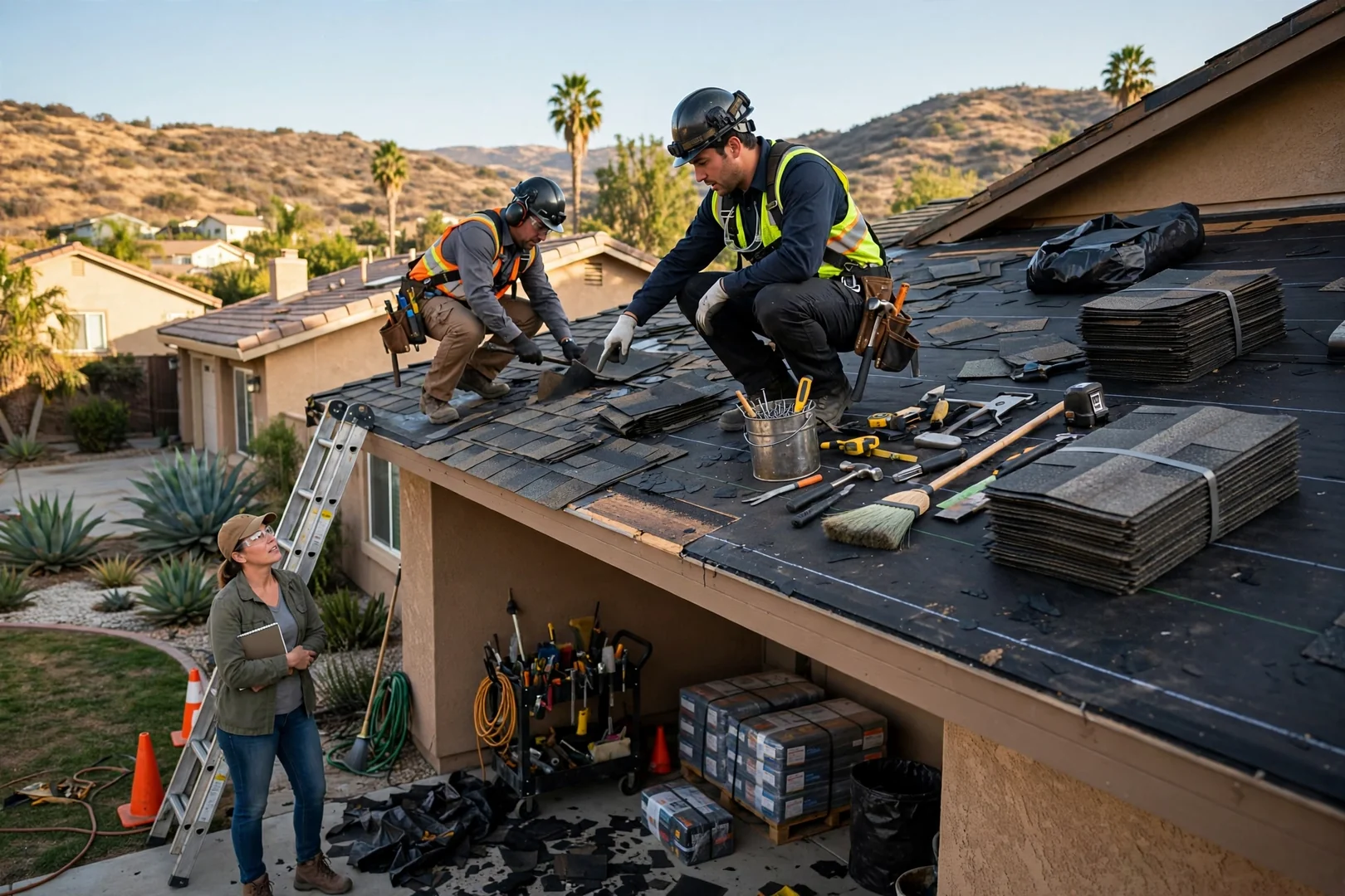 Roofer resealing flashing around a chimney during a residential roof repair in Murrieta