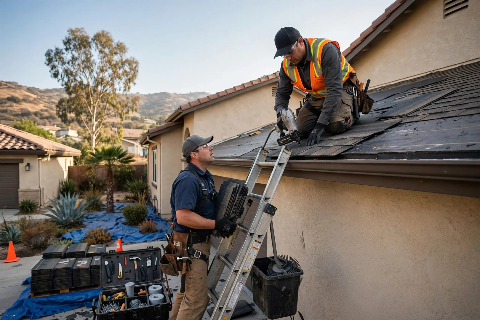 Roofing crew repairing flashing on a Murrieta tile roof