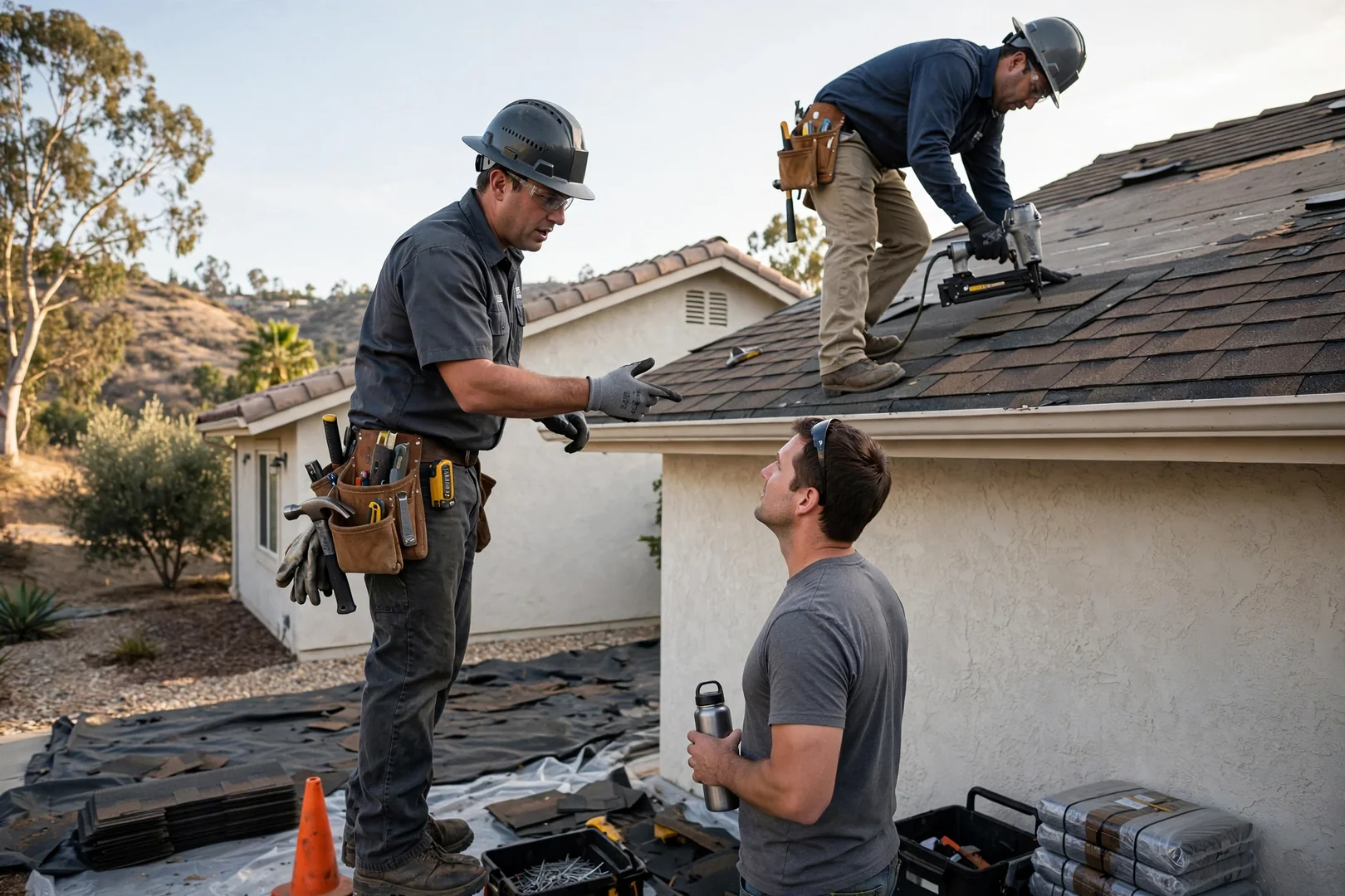 Technician reviewing repair photos with a homeowner