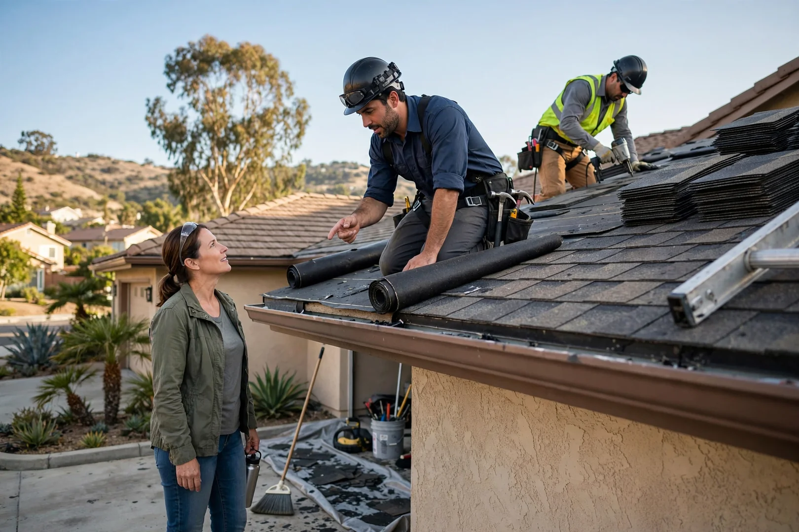Roofer measuring roof planes for a replacement quote