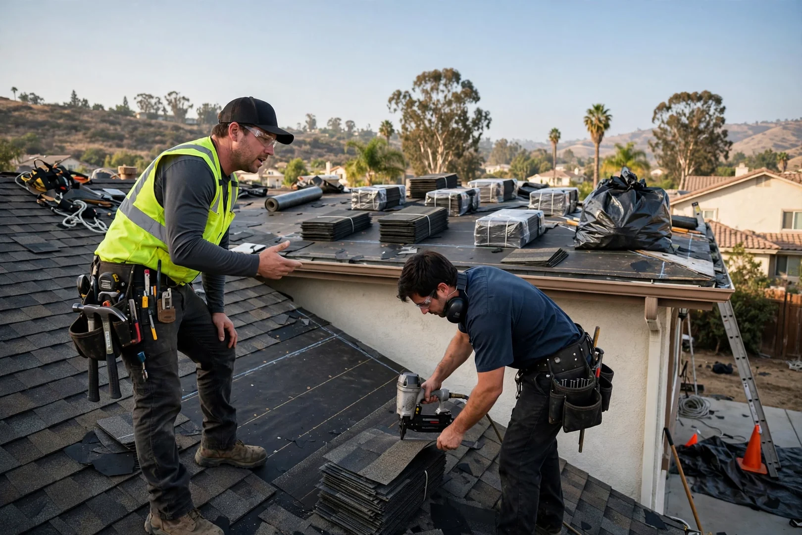 Roofing crew installing new shingles on a Murrieta home roof