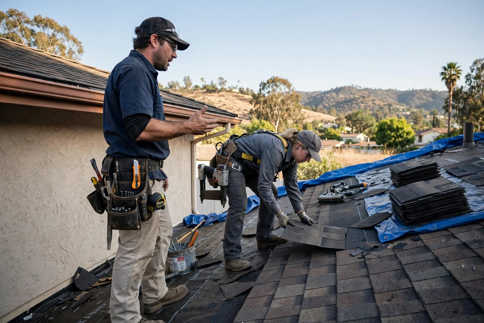 Roofing crew installing new architectural shingles during a Murrieta roof replacement project