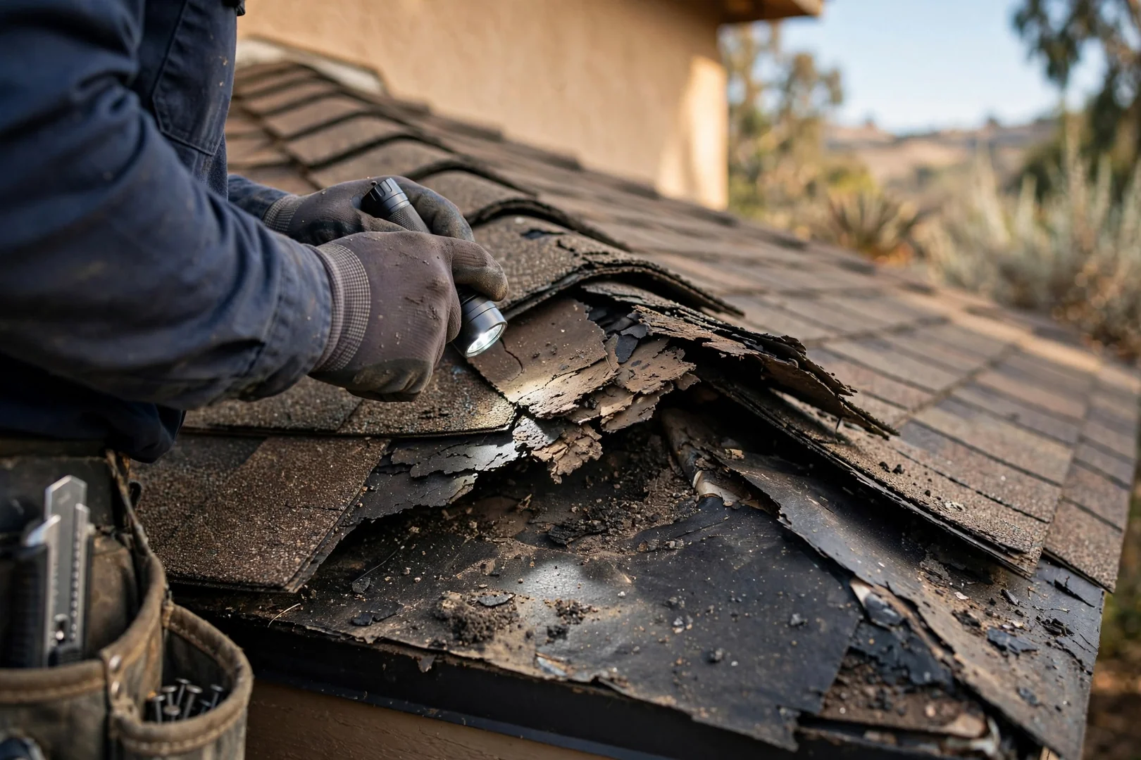 Exposed roof decking and old underlayment during tear-off inspection