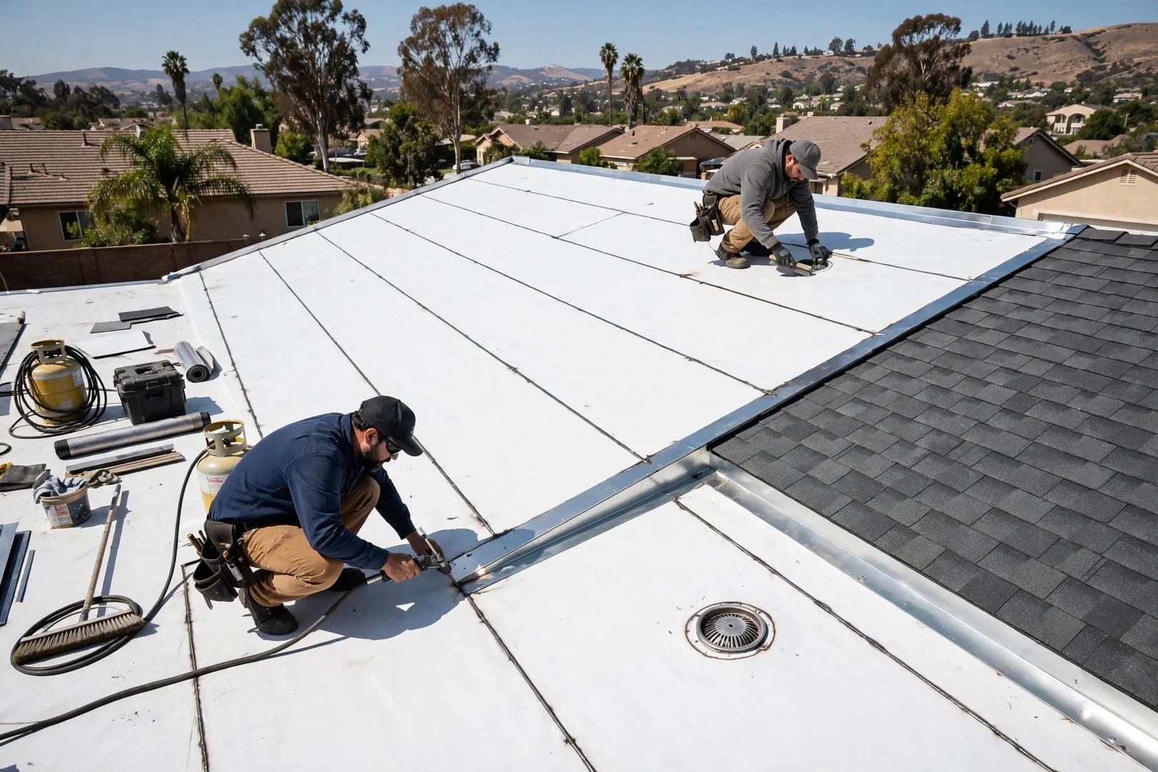 Flat Roof Section Rebuilt with Single-Ply Membrane