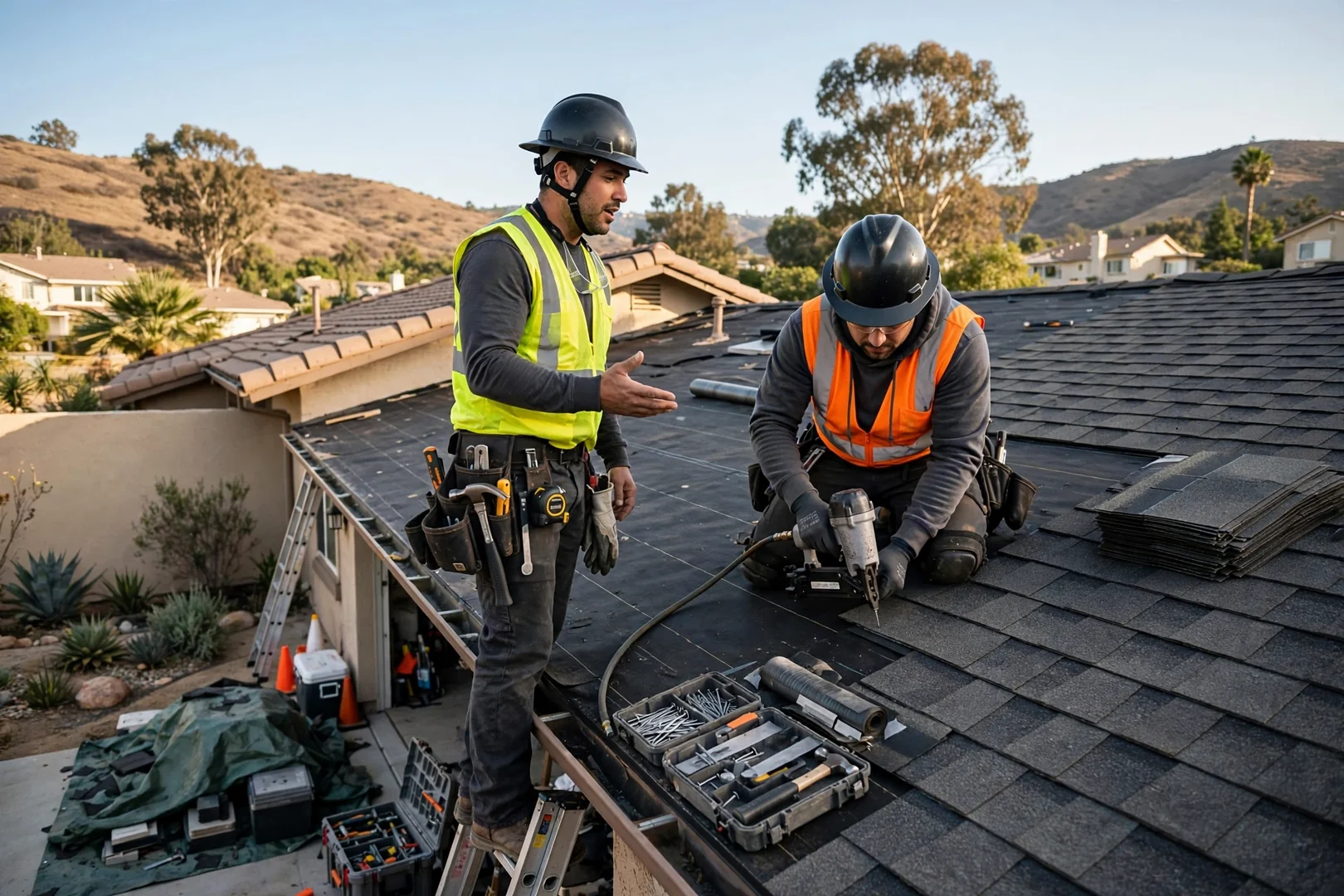 Roofing crew installing new underlayment on a Murrieta home