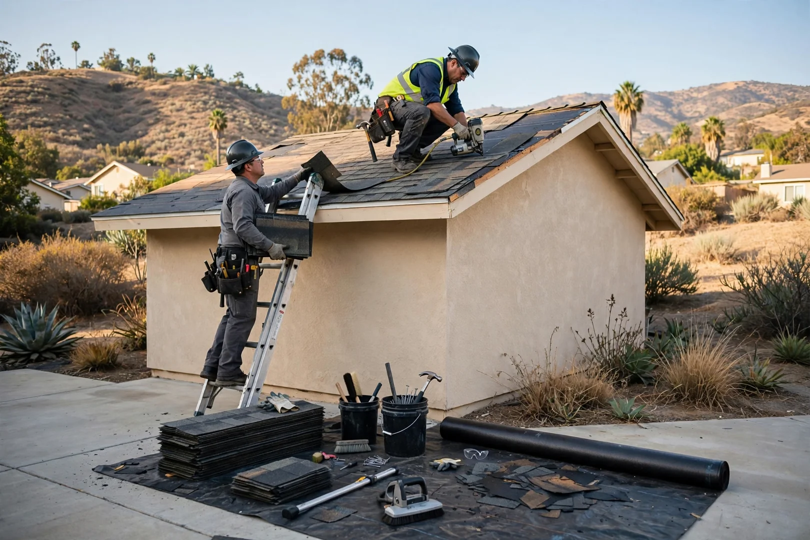 Roofer reviewing repair plan with a homeowner beside a tile roof in Murrieta