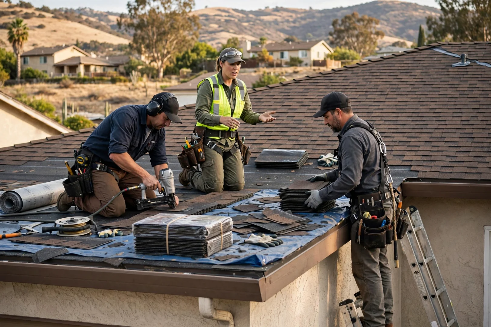 Roofing crew installing underlayment and tile on a Murrieta home in daylight