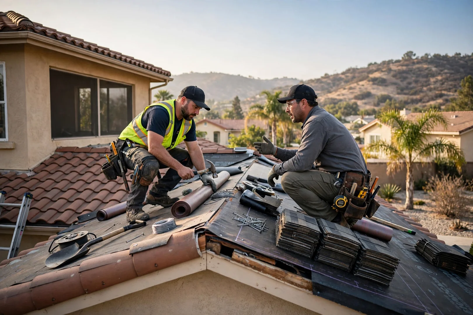Roofing crew reviewing project documentation with a homeowner outside a Murrieta home
