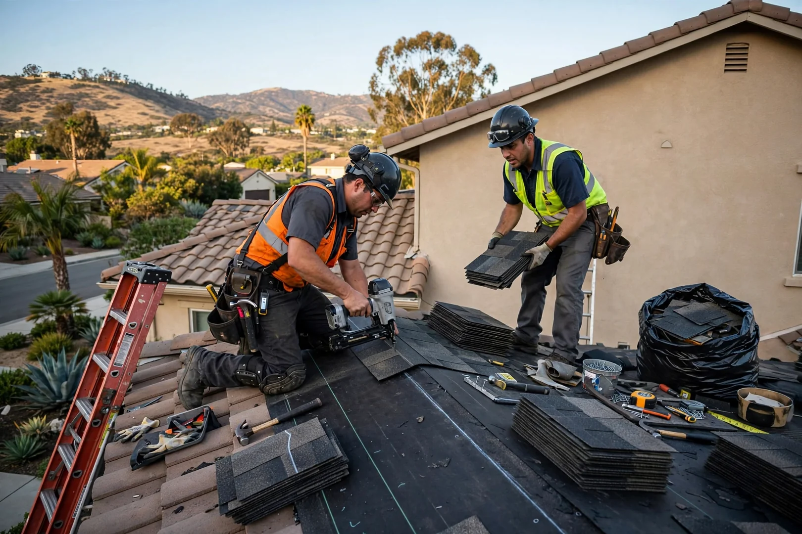 Roofing estimator reviewing shingle and flashing details with a homeowner outside a Murrieta home