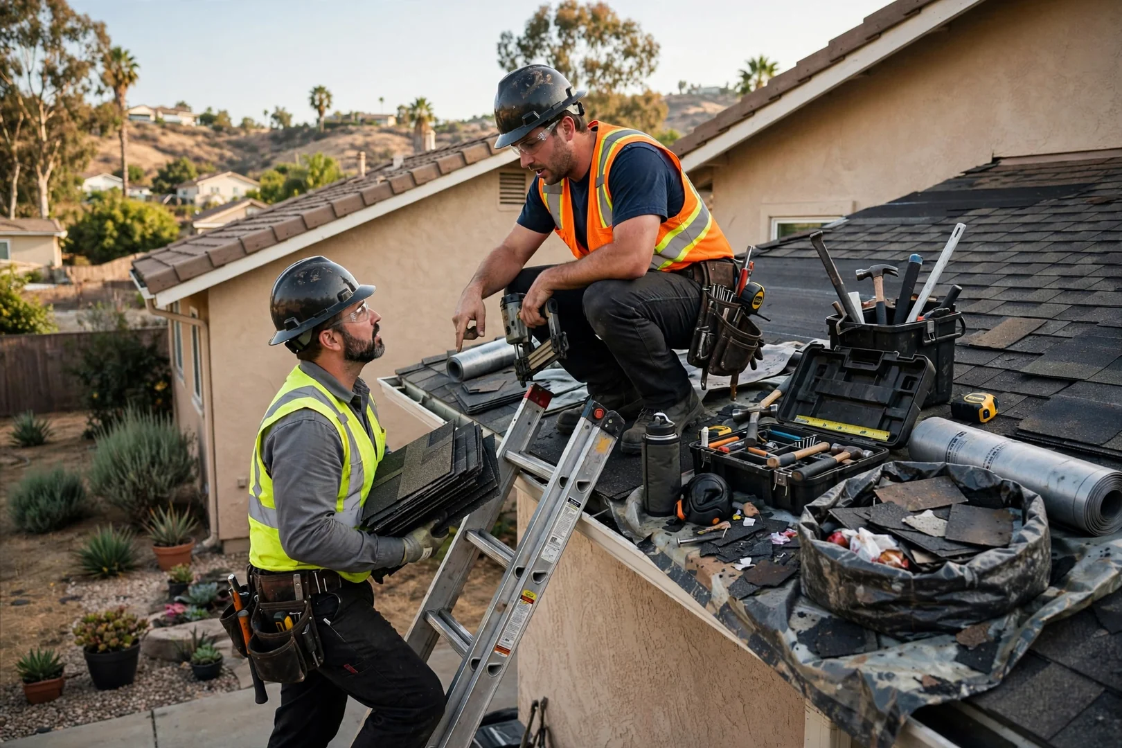 Roofing crew setting fall protection anchors while replacing flashing on a Murrieta home