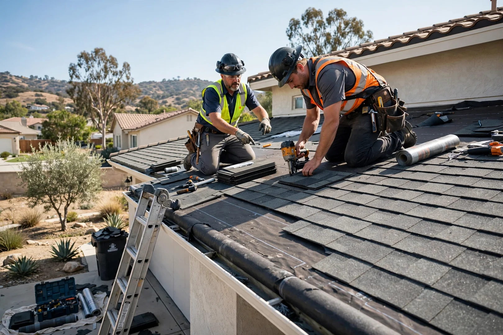 Roofer inspecting cracked tile and valley flashing on a residential roof in Murrieta