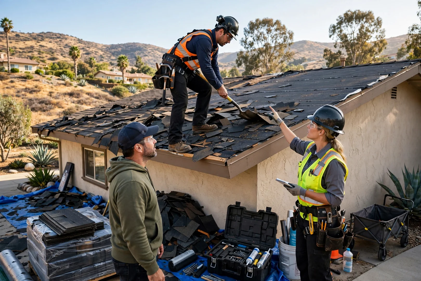 Roofer noting storm damage repair costs on roof