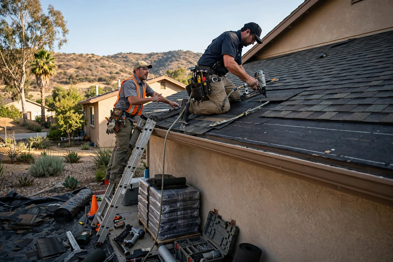 Roofer reviewing storm damage repair estimate with homeowner outside a Murrieta home