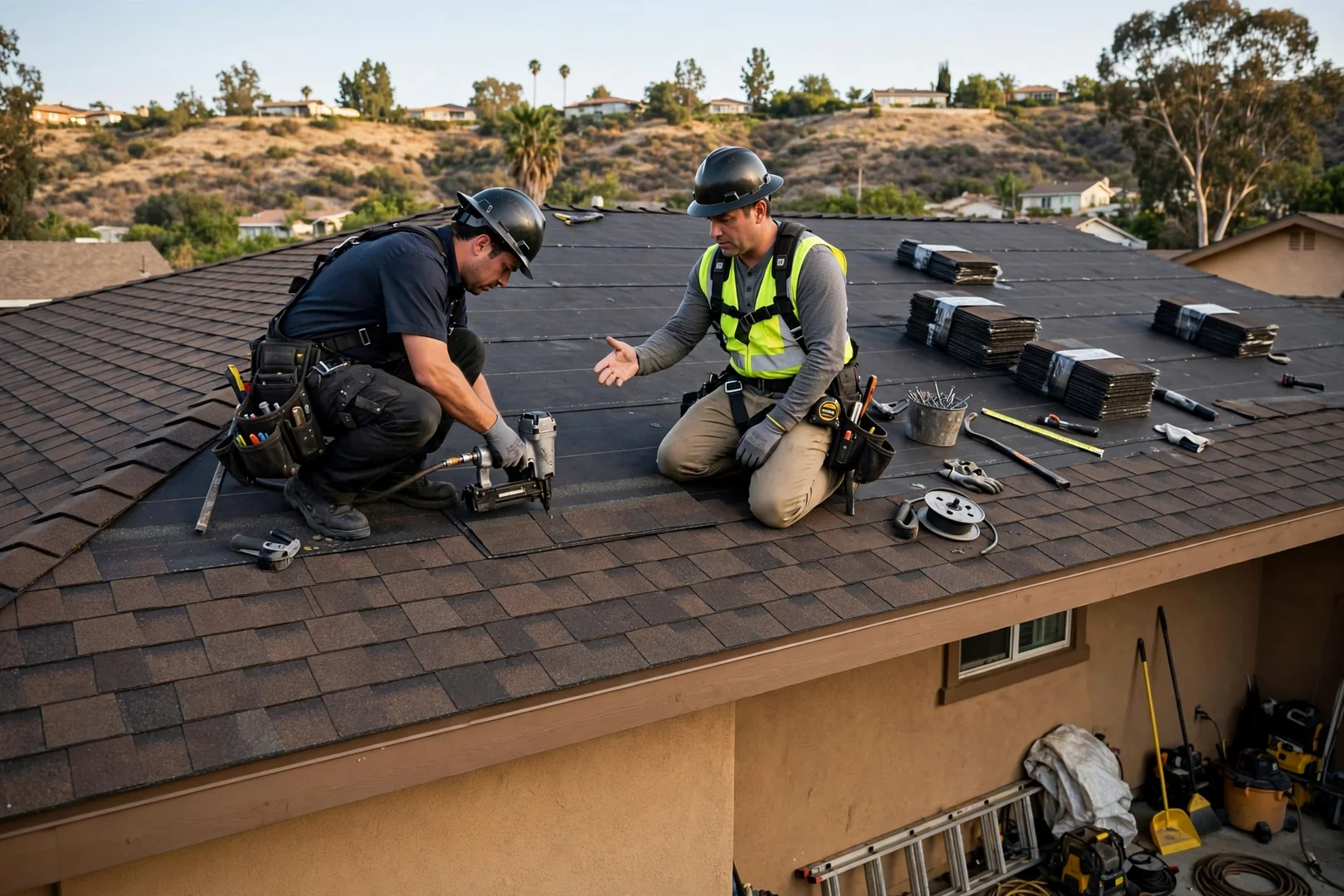 Roofing crew replacing storm damaged shingles and underlayment on a Murrieta home