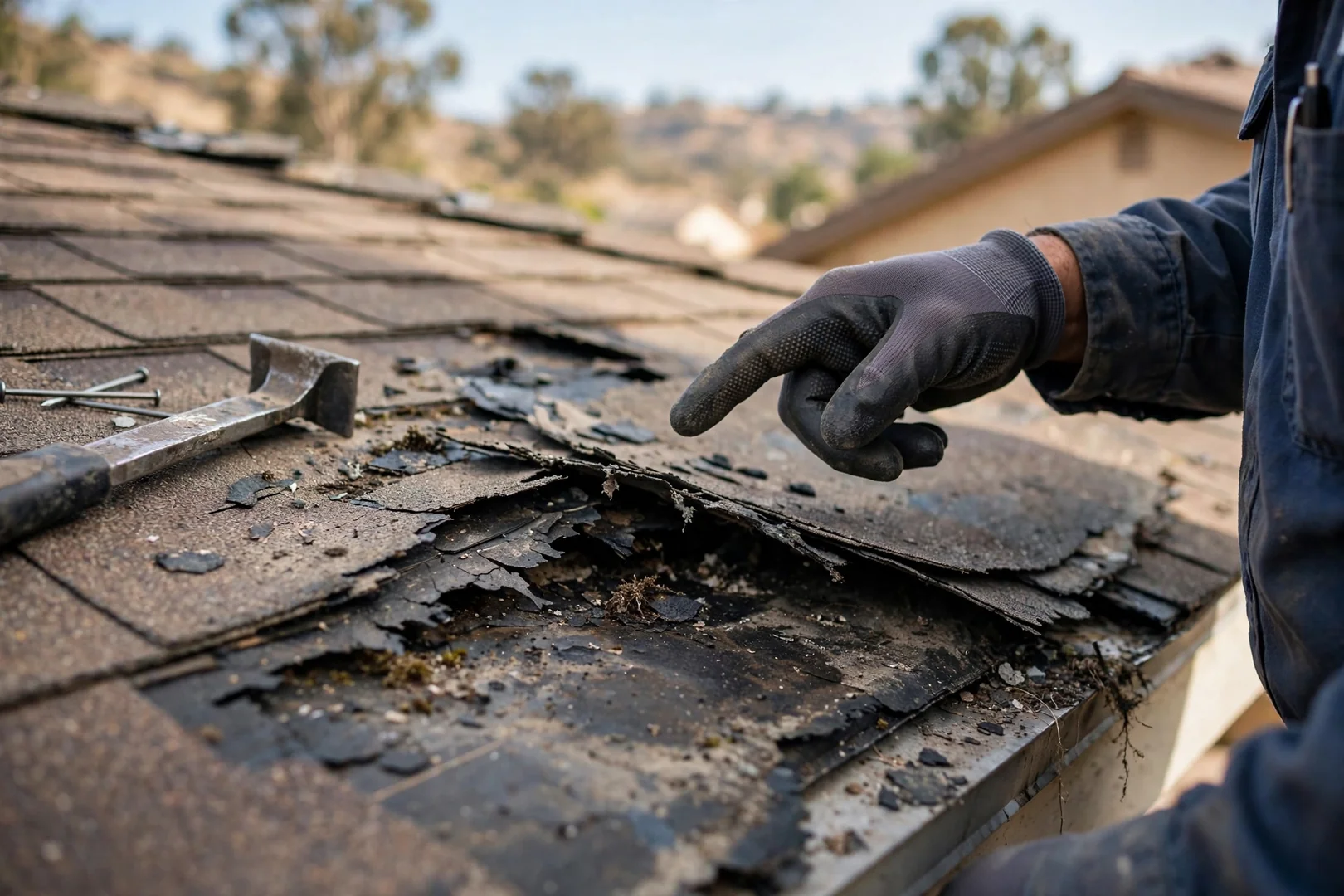 Roofer checking flashing and gutters after a wind storm