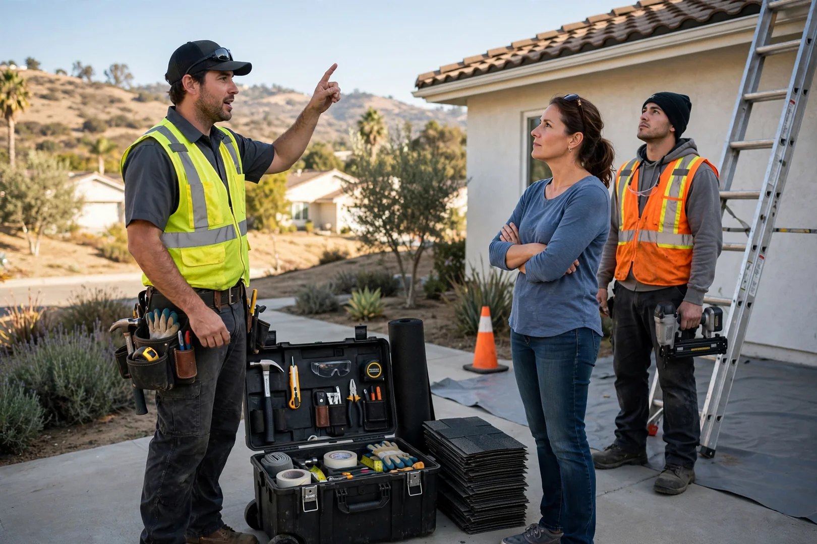 Crew repairing storm damaged shingles on Murrieta home roof